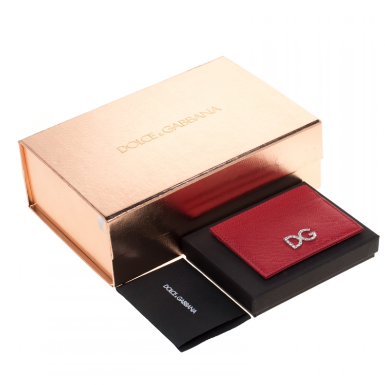 Pre Owned Dolce and Gabbana Red Leather Rhinestone Logo Card Holder