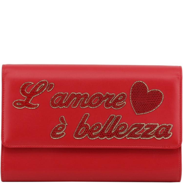 Pre Owned Dolce and Gabbana Red Leather L'amore e' Bellezza WOC Clutch Bag