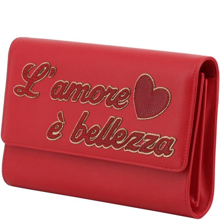 Pre Owned Dolce and Gabbana Red Leather L'amore e' Bellezza WOC Clutch Bag