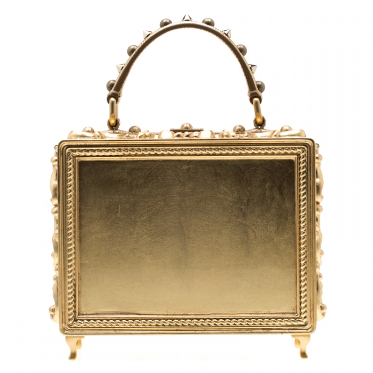 Pre Owned Dolce and Gabbana Gold Wood and Acrylic Leaf Dolce Box Bag
