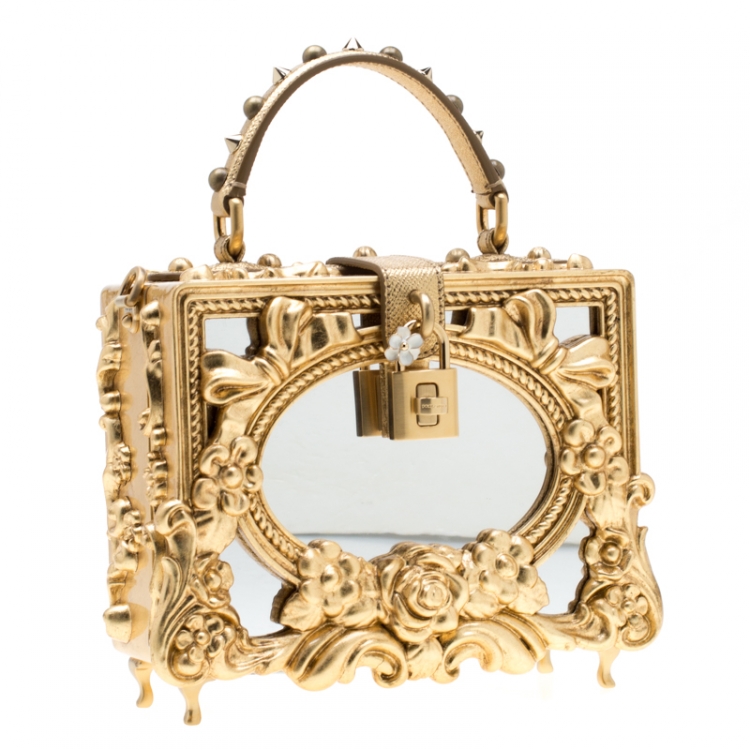Pre Owned Dolce and Gabbana Gold Wood and Acrylic Leaf Dolce Box Bag