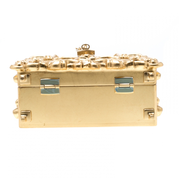 Pre Owned Dolce and Gabbana Gold Wood and Acrylic Leaf Dolce Box Bag