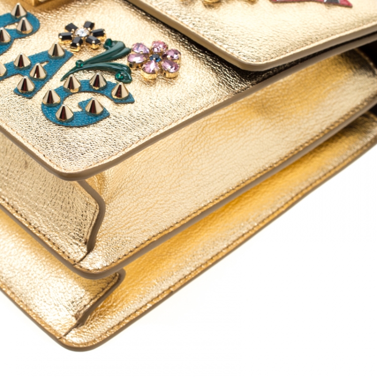 Pre Owned Dolce and Gabbana Gold Embellished Leather Rosalia Tote
