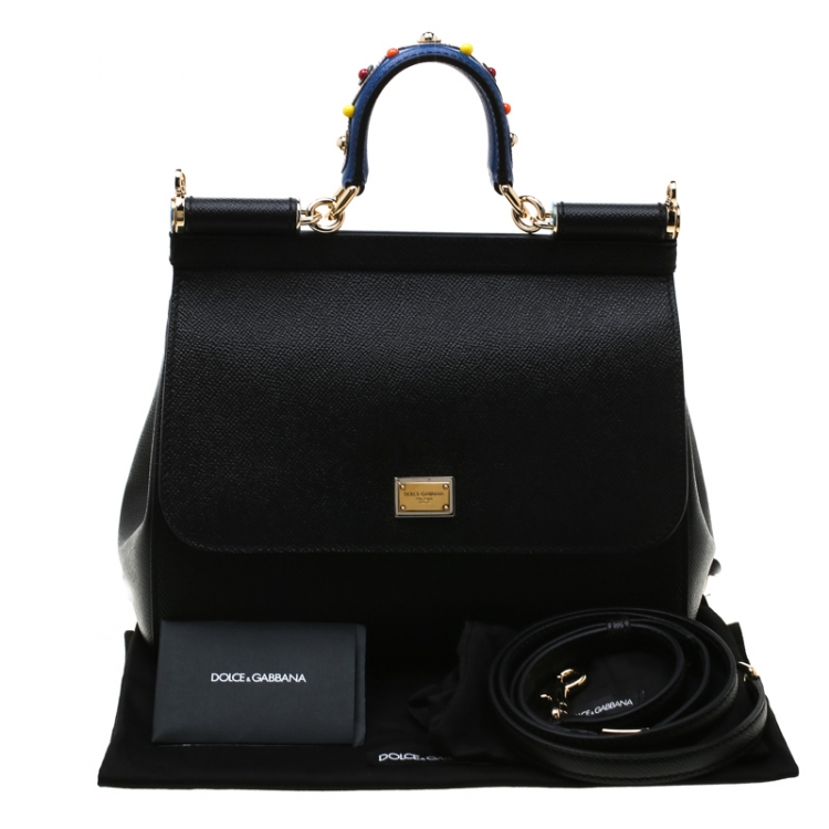 Pre Owned Dolce and Gabbana Black Embellished Handle Leather Medium Miss Sicily Tote