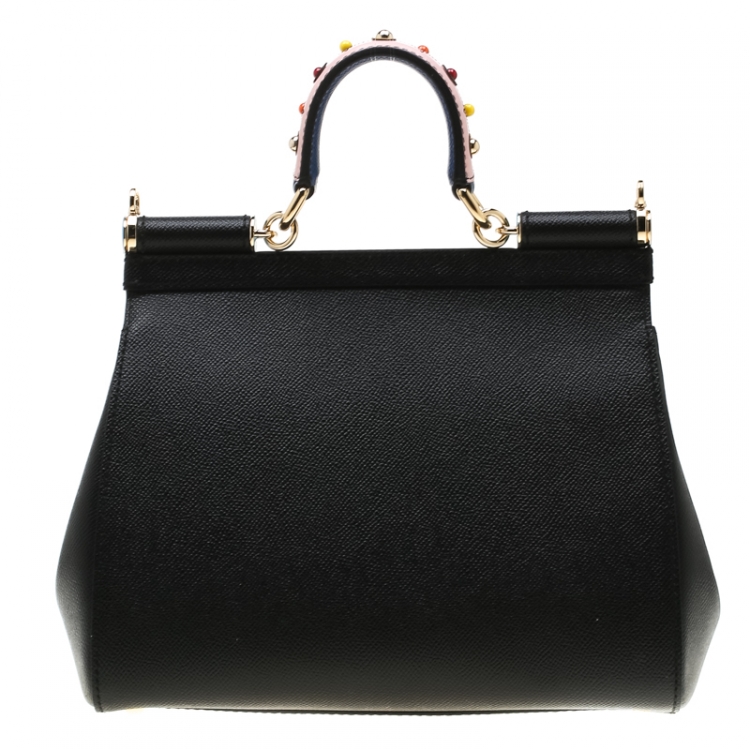 Pre Owned Dolce and Gabbana Black Embellished Handle Leather Medium Miss Sicily Tote