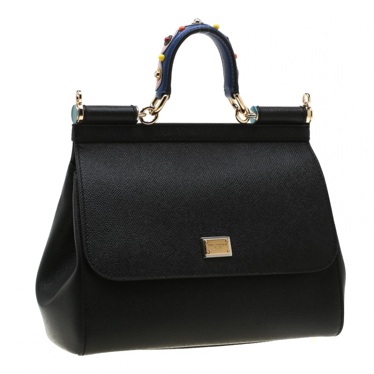 Pre Owned Dolce and Gabbana Black Embellished Handle Leather Medium Miss Sicily Tote