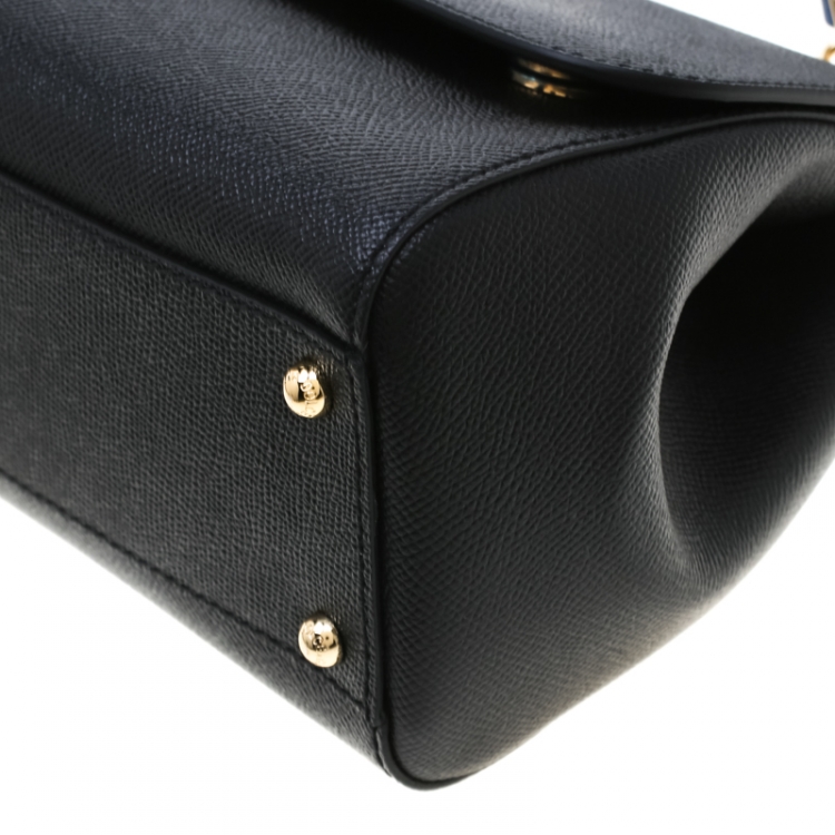 Pre Owned Dolce and Gabbana Black Embellished Handle Leather Medium Miss Sicily Tote