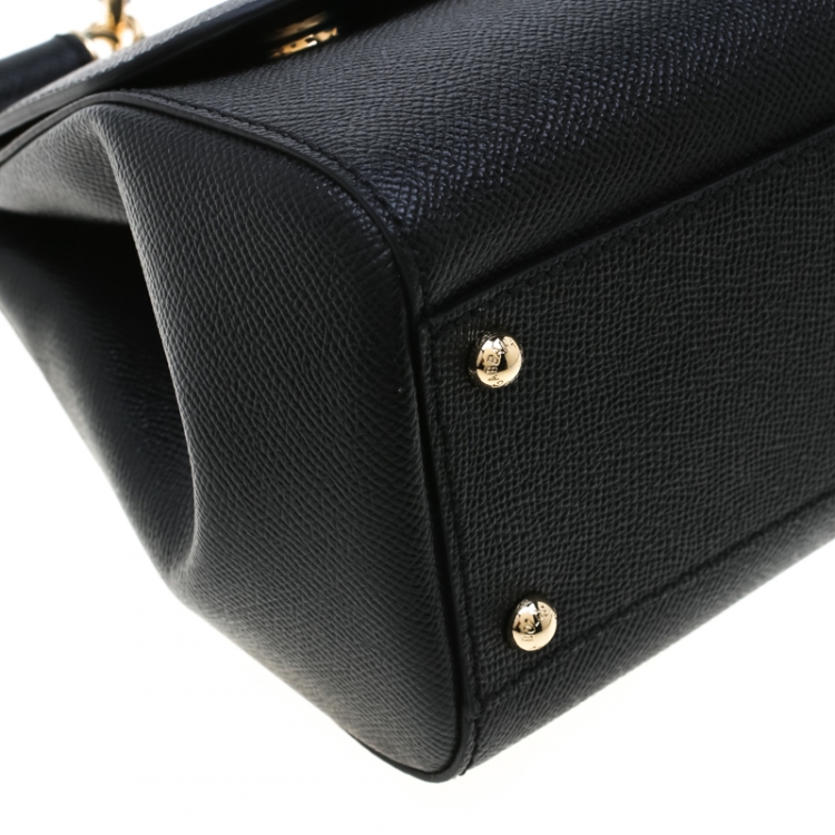 Pre Owned Dolce and Gabbana Black Embellished Handle Leather Medium Miss Sicily Tote