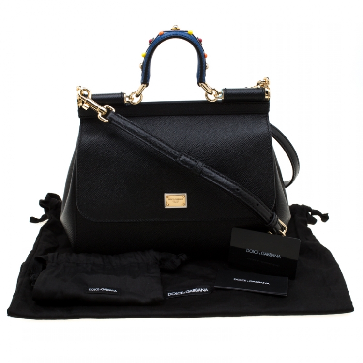 Pre Owned Dolce and Gabbana Black Leather Medium Miss Sicily Top Handle Bag