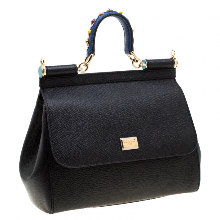 Pre Owned Dolce and Gabbana Black Leather Medium Miss Sicily Top Handle Bag