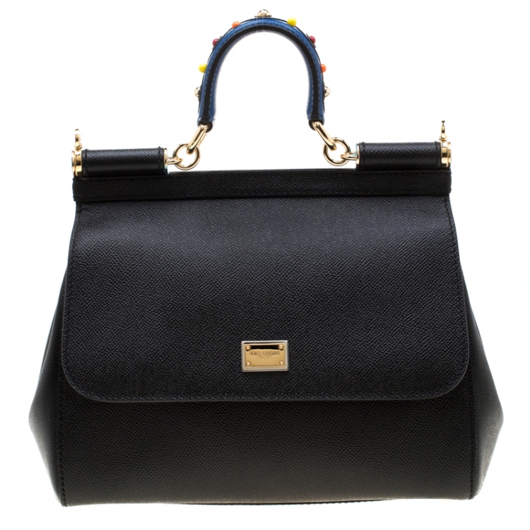 Pre Owned Dolce and Gabbana Black Leather Medium Miss Sicily Top Handle Bag