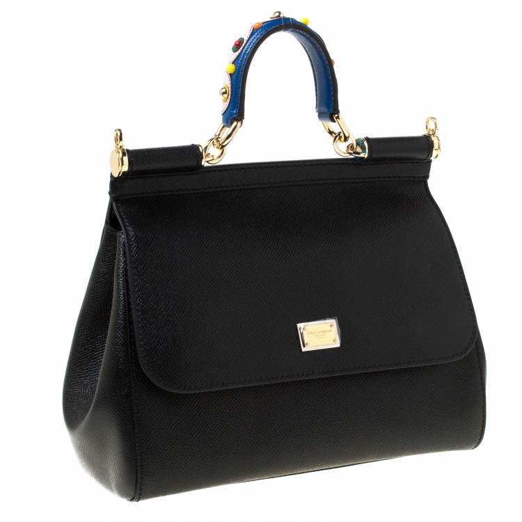 Pre Owned Dolce and Gabbana Black Leather Medium Miss Sicily Top Handle Bag