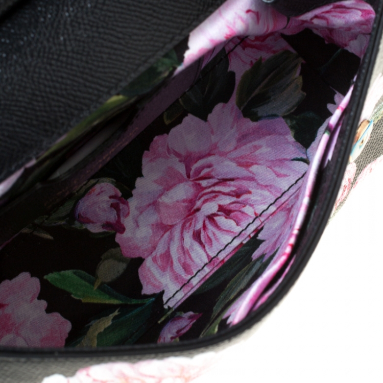 Pre Owned Dolce and Gabbana Black Floral Print Leather Small Dauphine Sicily Top Handle Bag      