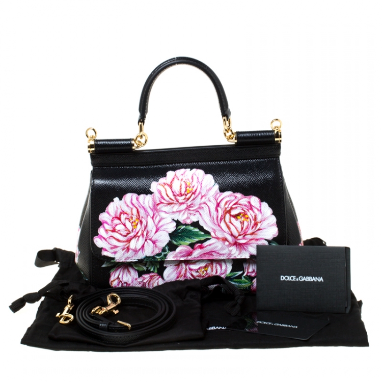 Pre Owned Dolce and Gabbana Black Floral Print Leather Small Dauphine Sicily Top Handle Bag      