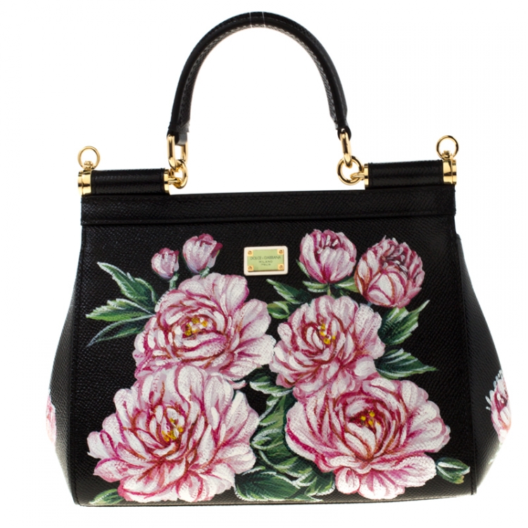 Pre Owned Dolce and Gabbana Black Floral Print Leather Small Dauphine Sicily Top Handle Bag      