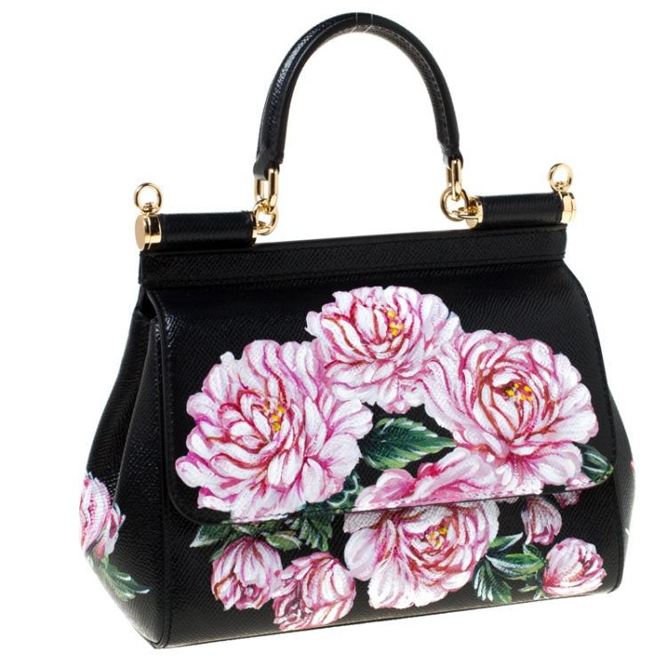 Pre Owned Dolce and Gabbana Black Floral Print Leather Small Dauphine Sicily Top Handle Bag      