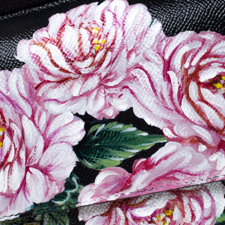 Pre Owned Dolce and Gabbana Black Floral Print Leather Small Dauphine Sicily Top Handle Bag      