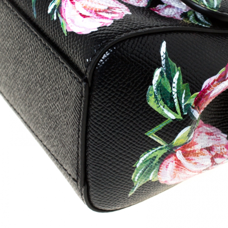 Pre Owned Dolce and Gabbana Black Floral Print Leather Small Dauphine Sicily Top Handle Bag      
