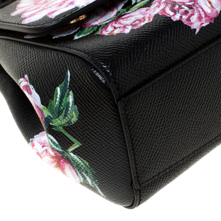 Pre Owned Dolce and Gabbana Black Floral Print Leather Small Dauphine Sicily Top Handle Bag      