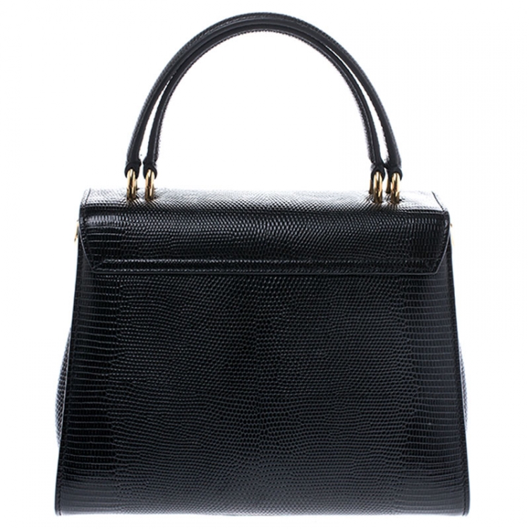 Pre Owned Dolce and Gabbana Black Lizard Embossed Leather Top Handle Bag
