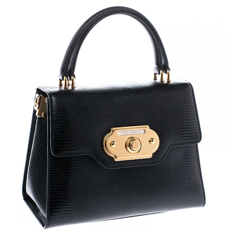 Pre Owned Dolce and Gabbana Black Lizard Embossed Leather Top Handle Bag
