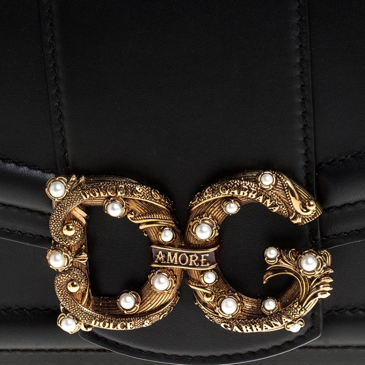 Pre Owned Dolce & Gabbana Black Leather DG Amore Chain Shoulder Bag