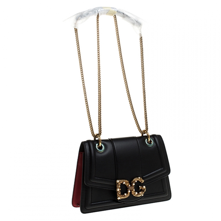 Pre Owned Dolce & Gabbana Black Leather DG Amore Chain Shoulder Bag