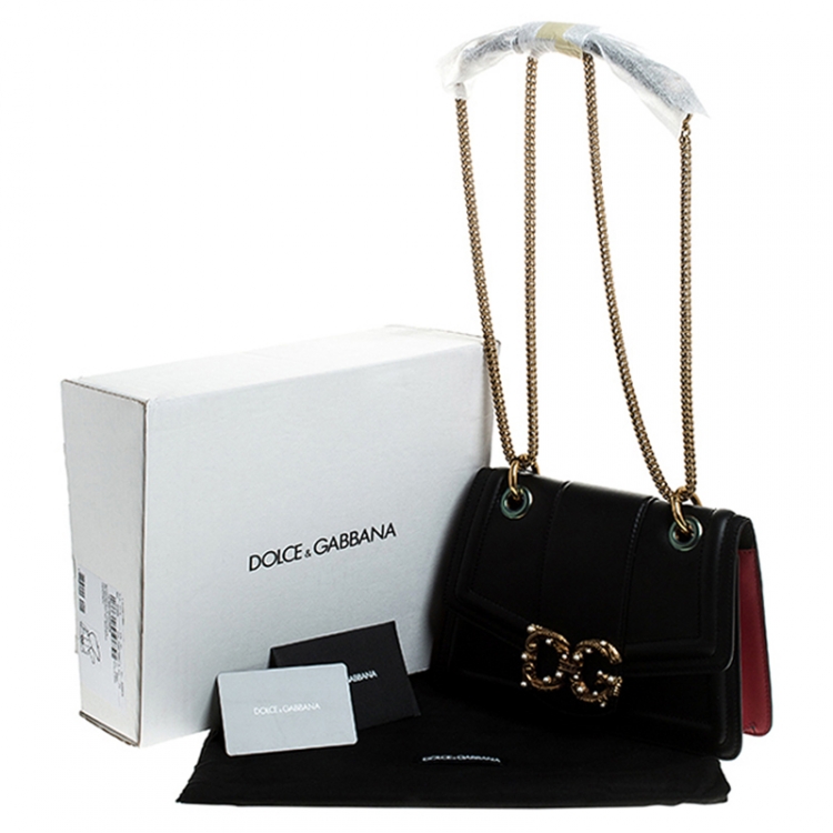 Pre Owned Dolce & Gabbana Black Leather DG Amore Chain Shoulder Bag