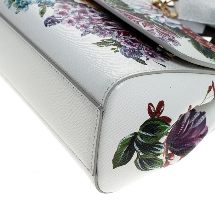 Pre Owned Dolce & Gabbana White Floral Printed Leather Small Miss Sicily Top Handle Bag