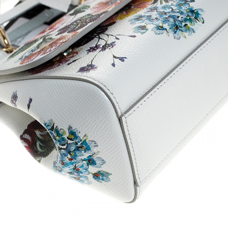 Pre Owned Dolce & Gabbana White Floral Printed Leather Small Miss Sicily Top Handle Bag