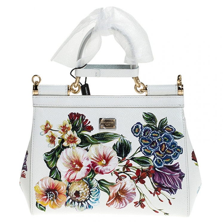 Pre Owned Dolce & Gabbana White Floral Printed Leather Small Miss Sicily Top Handle Bag