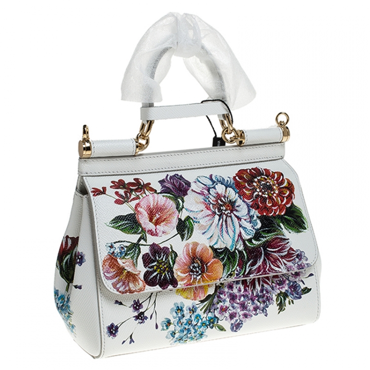 Pre Owned Dolce & Gabbana White Floral Printed Leather Small Miss Sicily Top Handle Bag