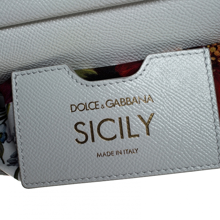 Pre Owned Dolce & Gabbana White Floral Printed Leather Small Miss Sicily Top Handle Bag