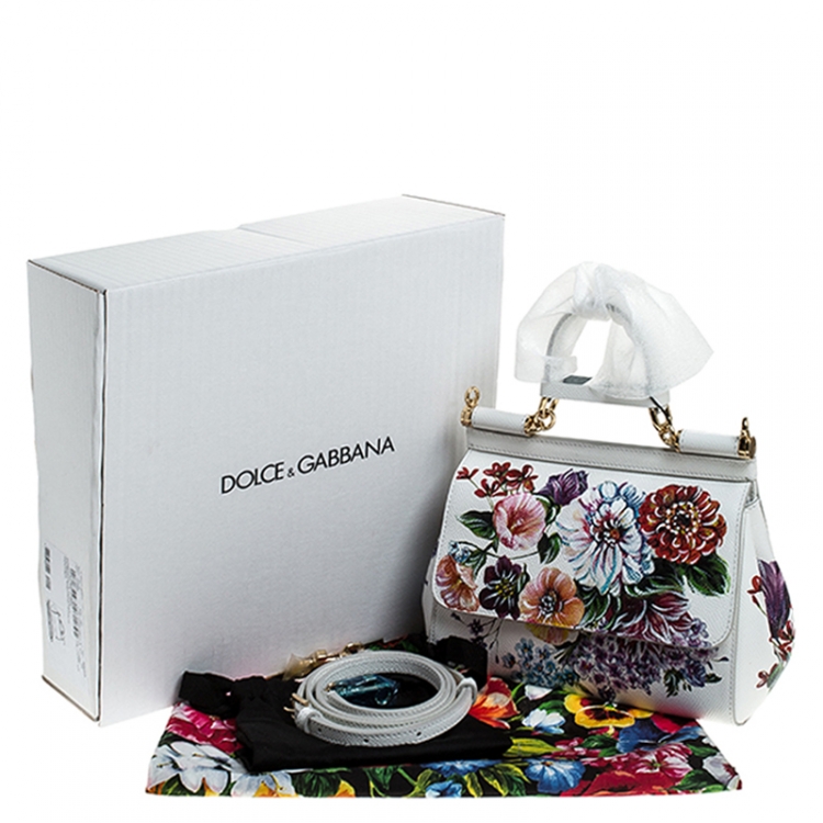 Pre Owned Dolce & Gabbana White Floral Printed Leather Small Miss Sicily Top Handle Bag