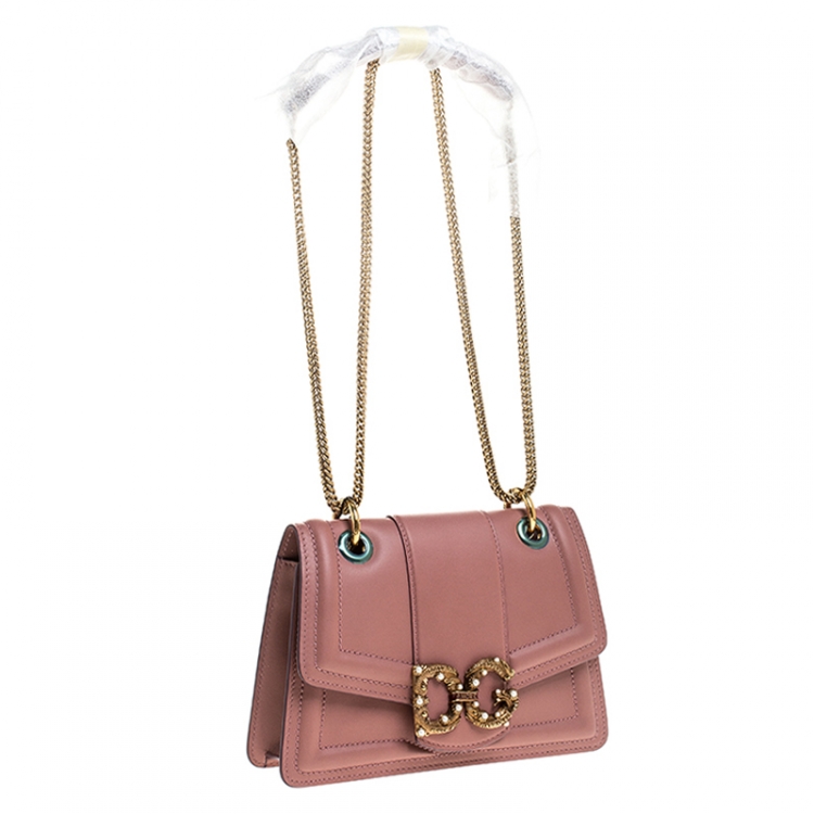 Pre Owned Dolce & Gabbana Pastel Pink Leather DG Amore Chain Shoulder Bag