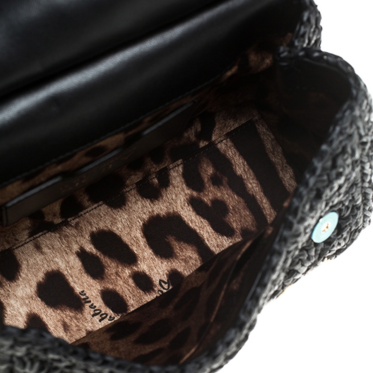 Pre Owned Dolce & Gabbana Black Pendant Embellished Crochet Small Miss Sicily Top Handle Bag