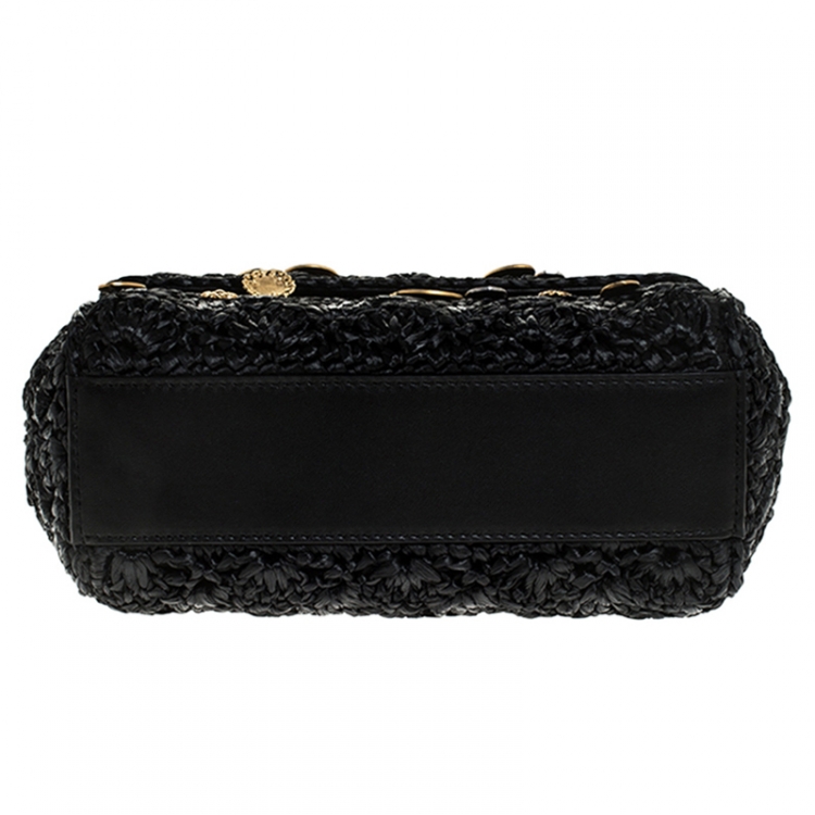 Pre Owned Dolce & Gabbana Black Pendant Embellished Crochet Small Miss Sicily Top Handle Bag