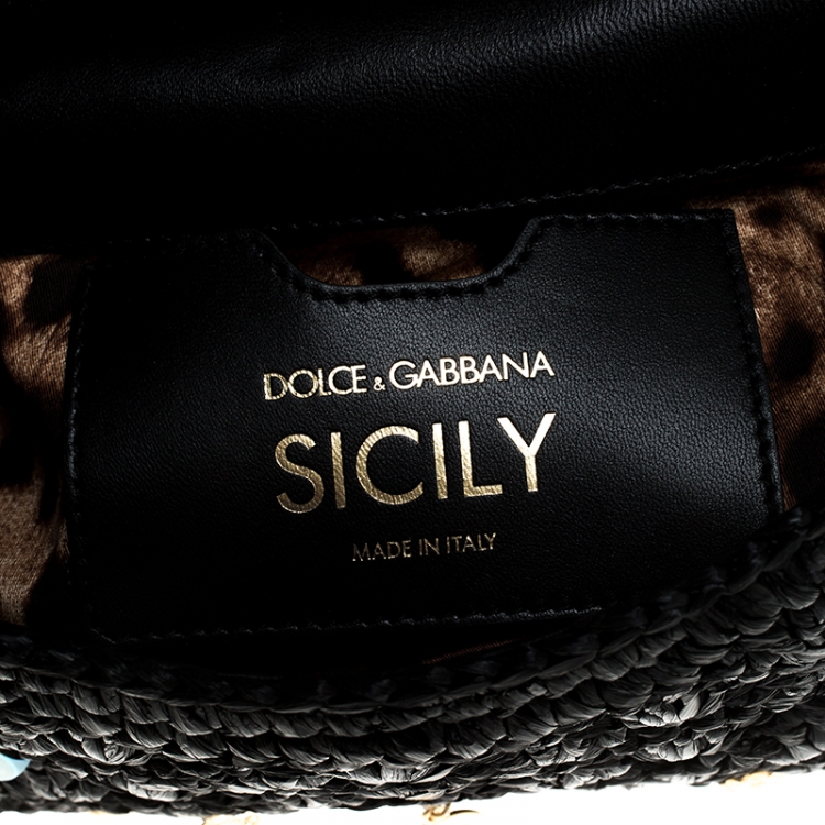 Pre Owned Dolce & Gabbana Black Pendant Embellished Crochet Small Miss Sicily Top Handle Bag