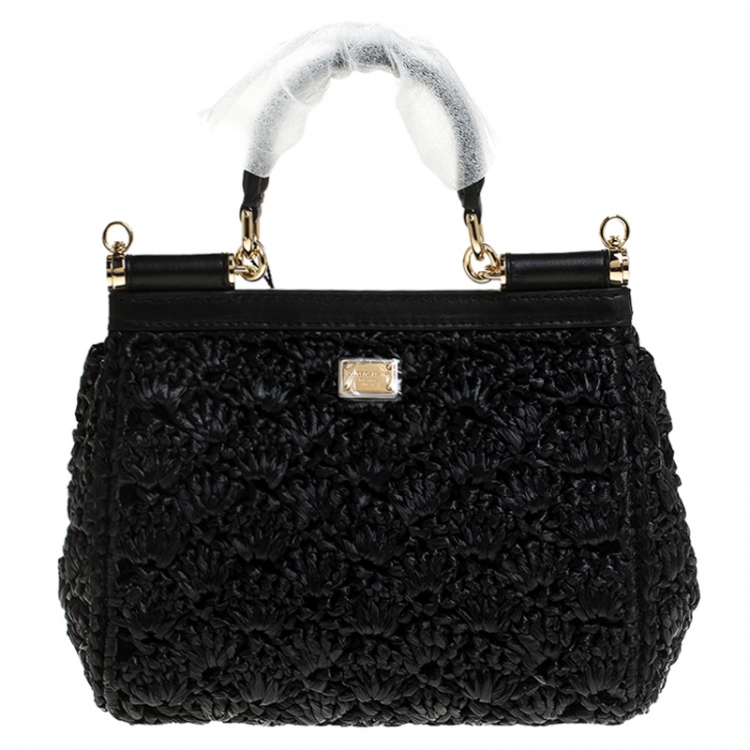 Pre Owned Dolce & Gabbana Black Pendant Embellished Crochet Small Miss Sicily Top Handle Bag