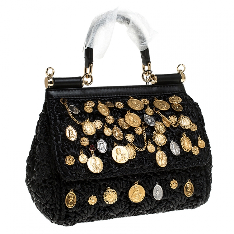 Pre Owned Dolce & Gabbana Black Pendant Embellished Crochet Small Miss Sicily Top Handle Bag