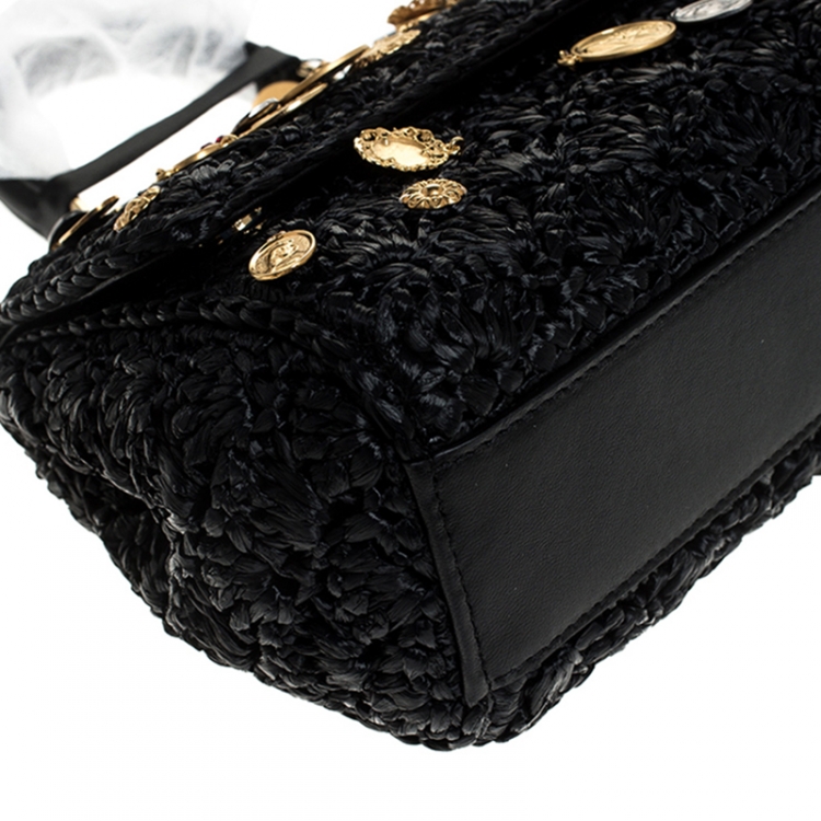 Pre Owned Dolce & Gabbana Black Pendant Embellished Crochet Small Miss Sicily Top Handle Bag