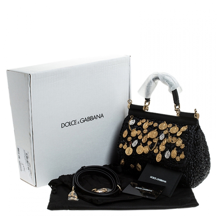 Pre Owned Dolce & Gabbana Black Pendant Embellished Crochet Small Miss Sicily Top Handle Bag