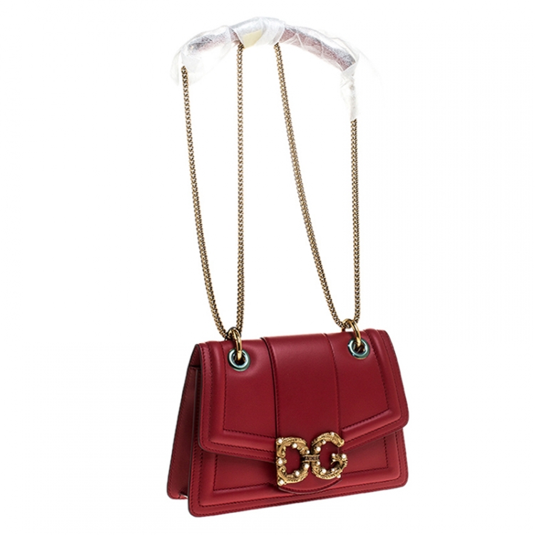 Pre Owned Dolce & Gabbana Red Leather DG Amore Chain Shoulder Bag