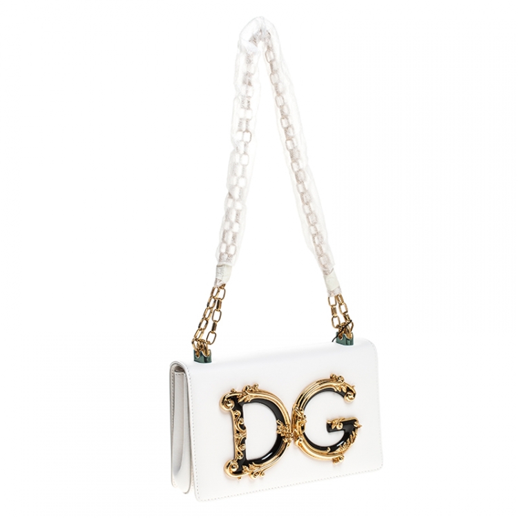 Pre Owned Dolce & Gabbana White Leather DG Girls Chain Shoulder Bag