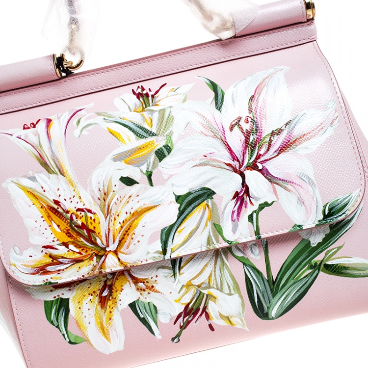 Pre Owned Dolce and Gabbana Pink Lilium Print Leather Medium Miss Sicily Top Handle Bag