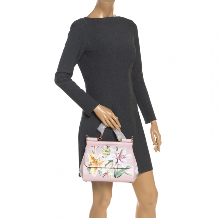 Pre Owned Dolce and Gabbana Pink Lilium Print Leather Medium Miss Sicily Top Handle Bag