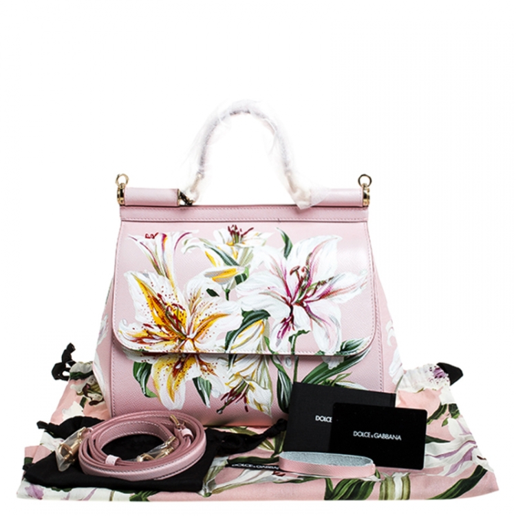 Pre Owned Dolce and Gabbana Pink Lilium Print Leather Medium Miss Sicily Top Handle Bag