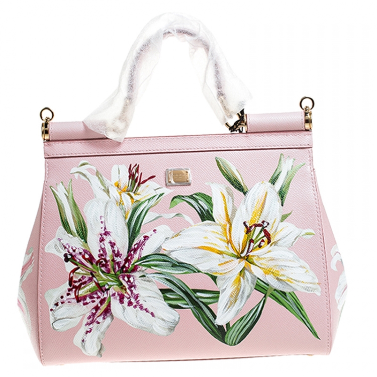 Pre Owned Dolce and Gabbana Pink Lilium Print Leather Medium Miss Sicily Top Handle Bag
