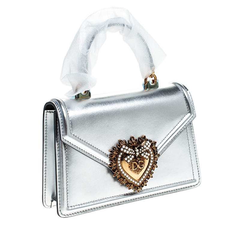 Pre Owned Dolce and Gabbana Silver Leather Small Devotion Top Handle Bag