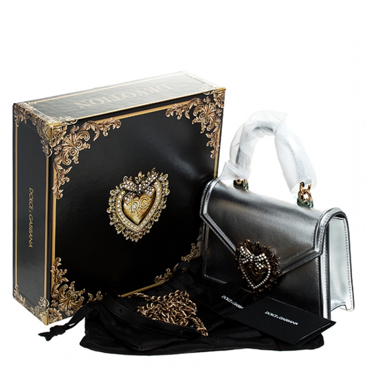 Pre Owned Dolce and Gabbana Silver Leather Small Devotion Top Handle Bag